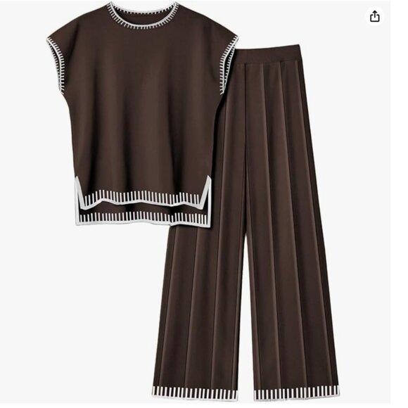 Ekouaer Pants - Brown two piece knit set with white whipstitch trim